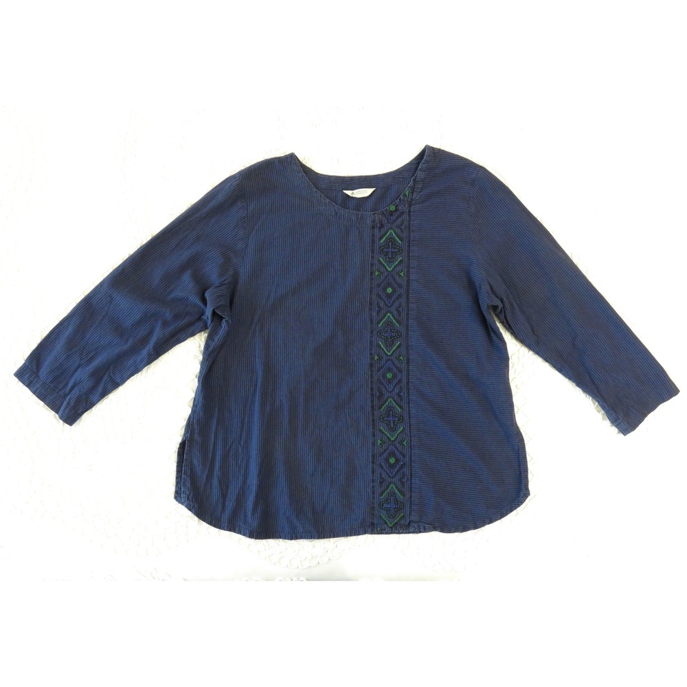 Marketplace Handwork of India Navy Blue Cotton Embroidered Striped Blouse Large